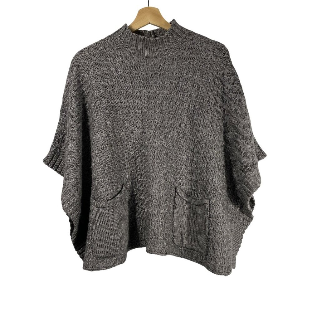 LAMade Womens Wool Blend Mock Neck Knit Sweater Poncho Gray Petite Size S Pocket